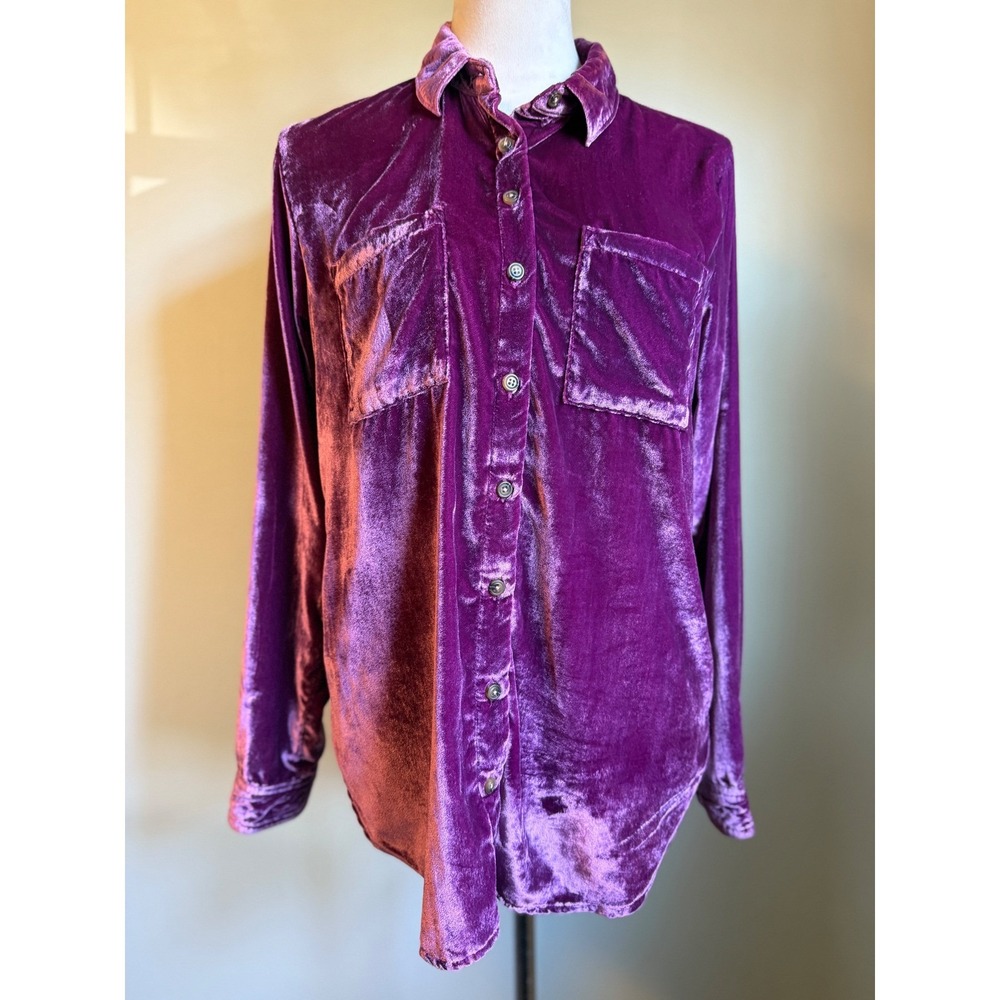 Pilcro Anthropologie Velvet Button Up Shirt Purple Long Sleeve XS boho whimsi